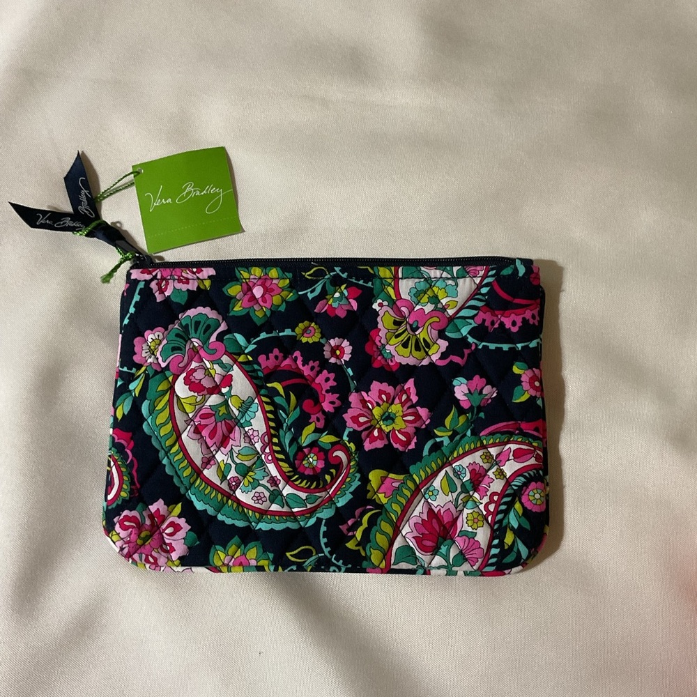 Vera Bradley Navy Paisley Quilted Wristlet Pouch with Pink & Green Floral